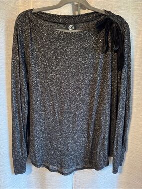 bobeau Black Metallic Tie-Shoulder Long Sleeve Top with Velvet Bow